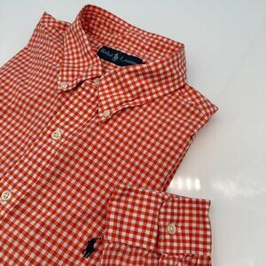 Ralph Lauren 100% Cotton Button Down L/S Blue‎ Pony Shirt, XL, Orange Gingham